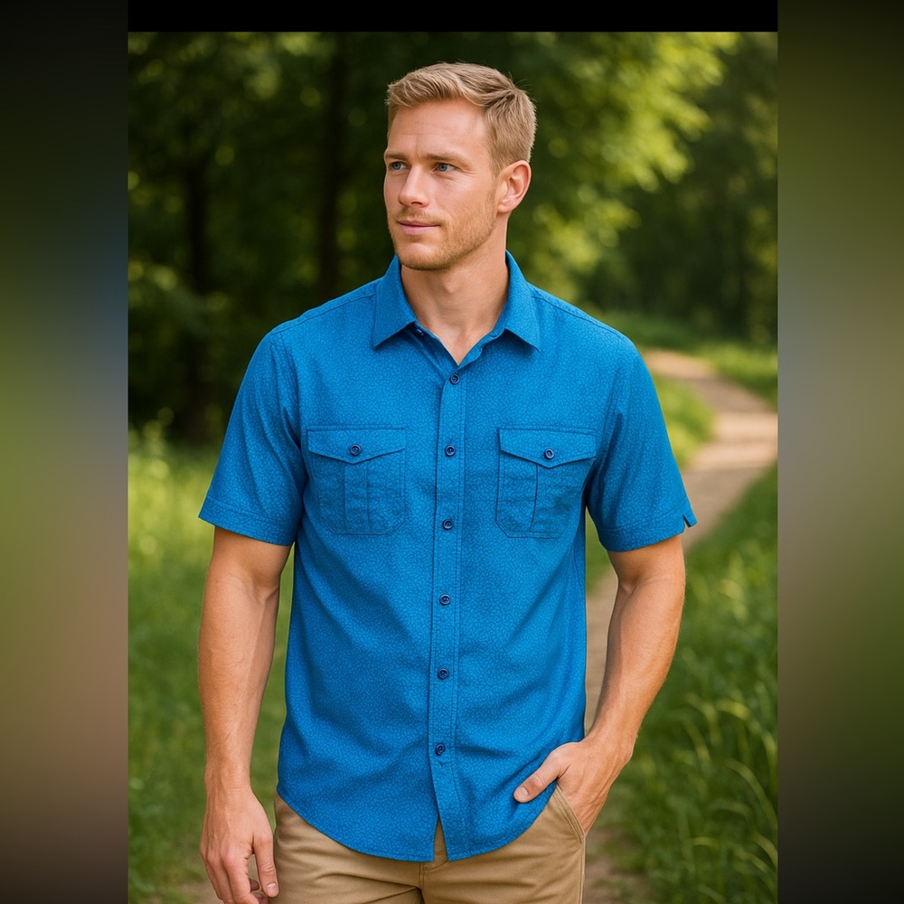 Franky Max Men’s Short Sleeve Button-Up Shirt LBright Blue Geometric Print Cotto